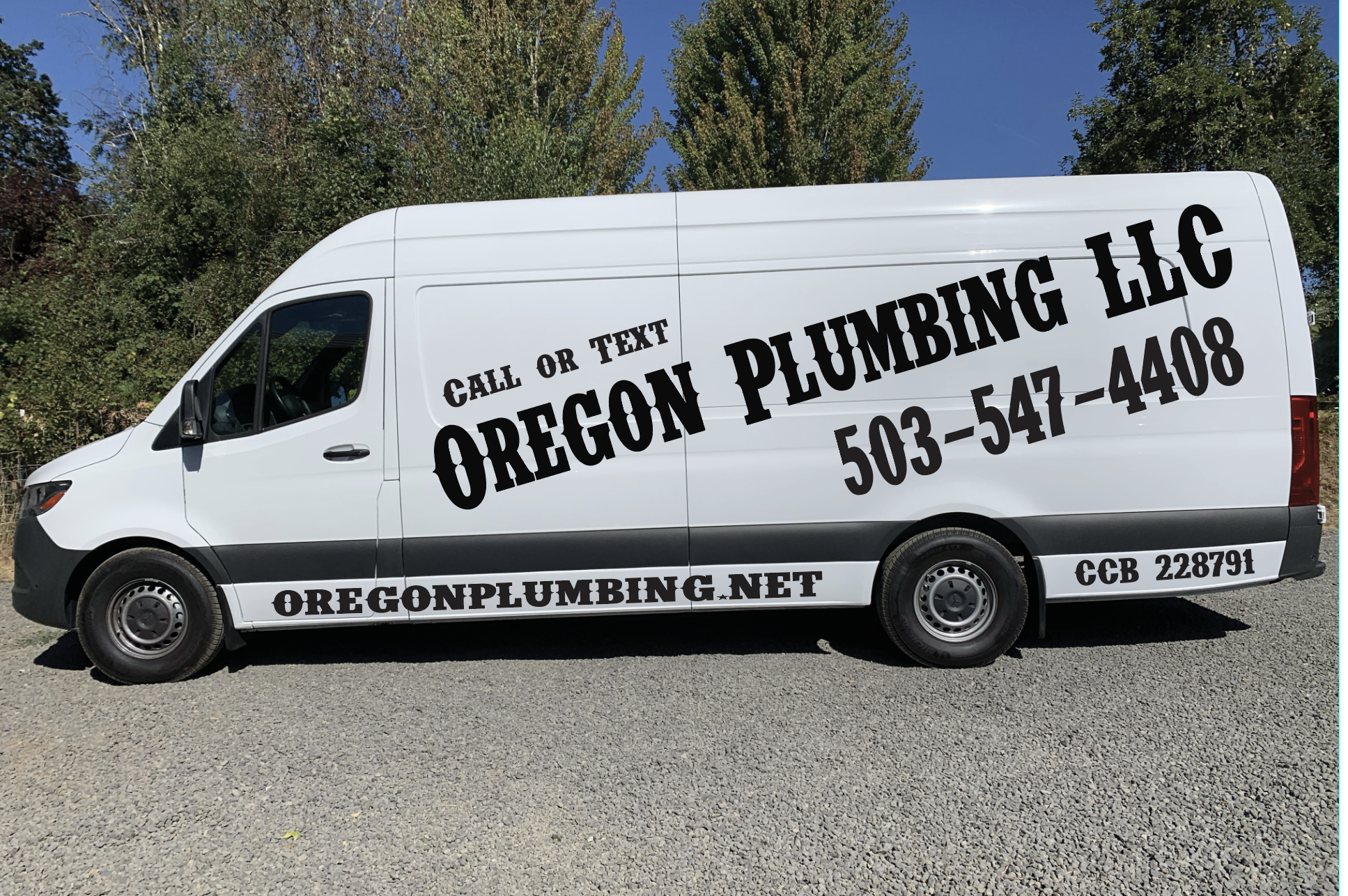 The Oregon Plumbing LLC van, signwritten with call or text 503-547-4408 and CCB 228791